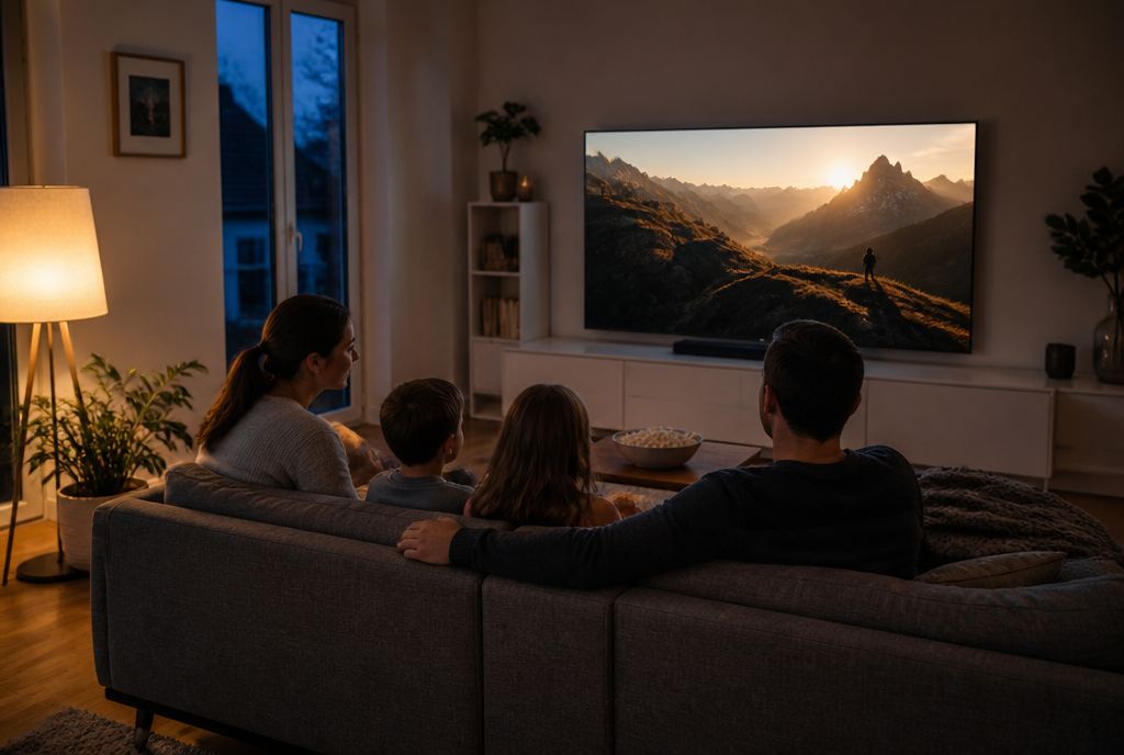 Familie sitzt abends im Wohnzimmer vor dem Fernseher und schaut gemeinsam einen Film