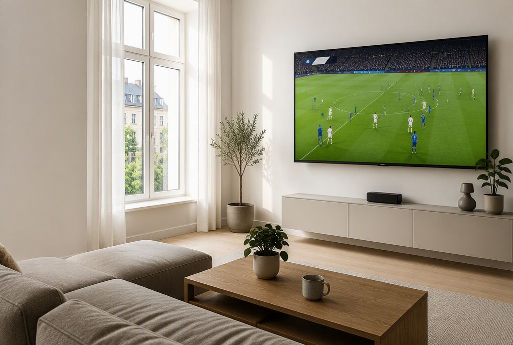 Helles Wohnzimmer in einer deutschen Altbauwohnung mit wandmontiertem Smart-TV, auf dem ein Fußballspiel übertragen wird