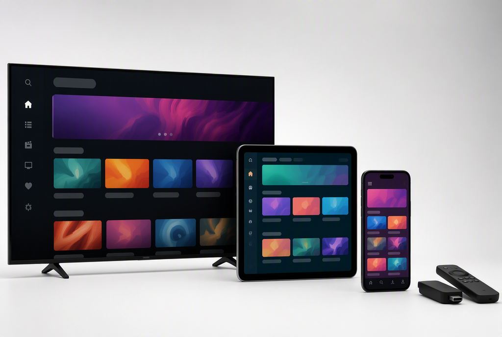 Geräte, auf denen Sie IPTV nutzen können: Smart-TV, Tablet, Smartphone und Streaming-Stick nebeneinander